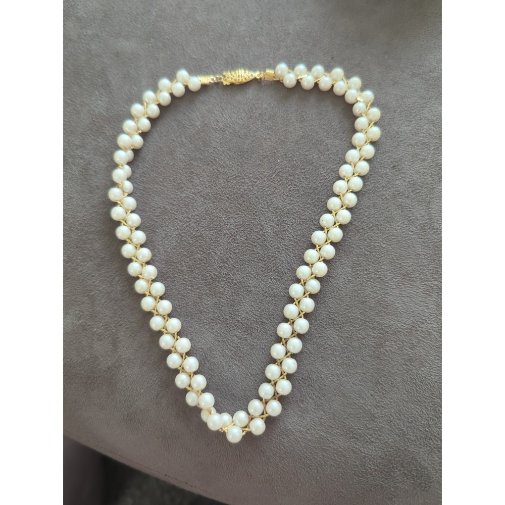 AVON Double Row Faux Pearls Gold Tone Braided Metal 16"L Vintage Necklace